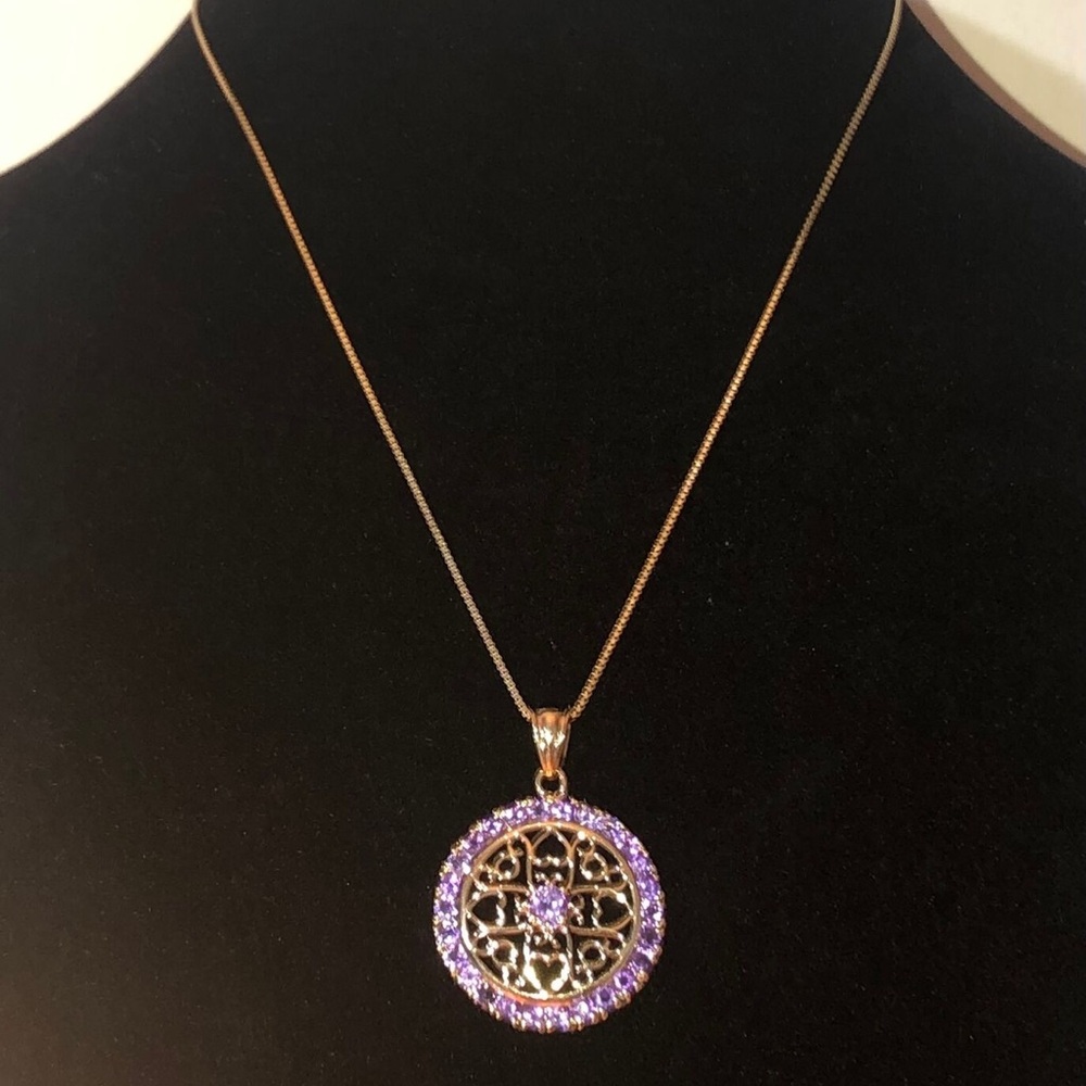 Chateau D'argent 925‎ Sterling Gold Chalcedony Disc Necklace Canada Vtg Amethyst